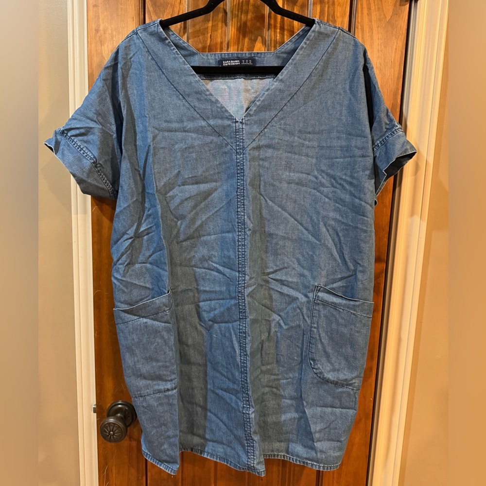Zara Washed Blue Denim V-Neck Short Sleeve Tunic